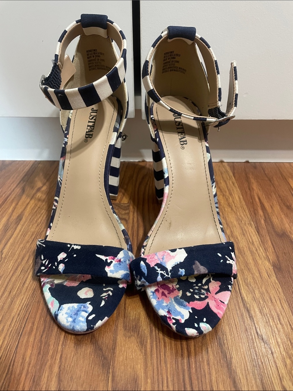 JustFab Navy Floral Ankle Strap Block Heels
